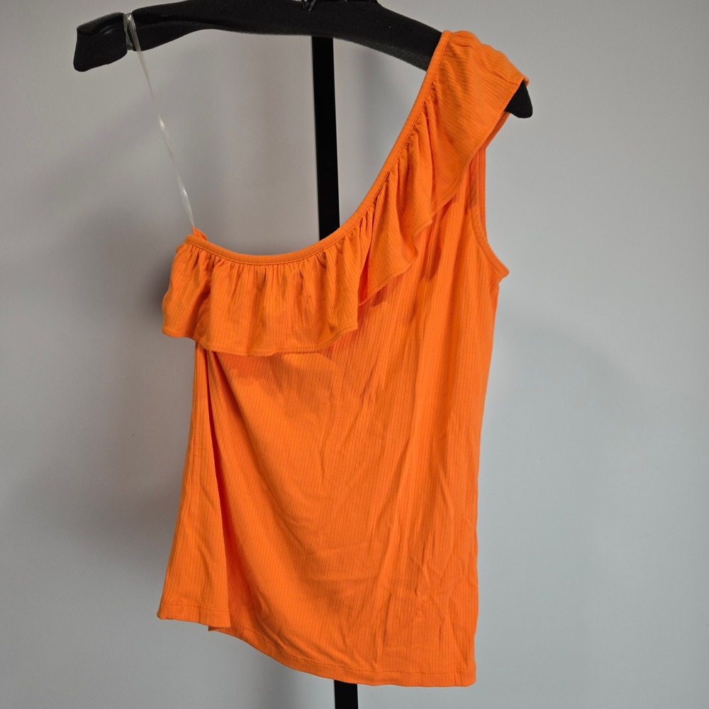 LOFT Womens Orange Ruffle One Shoulder Ribbed Knit Top Medium New Resort Summer